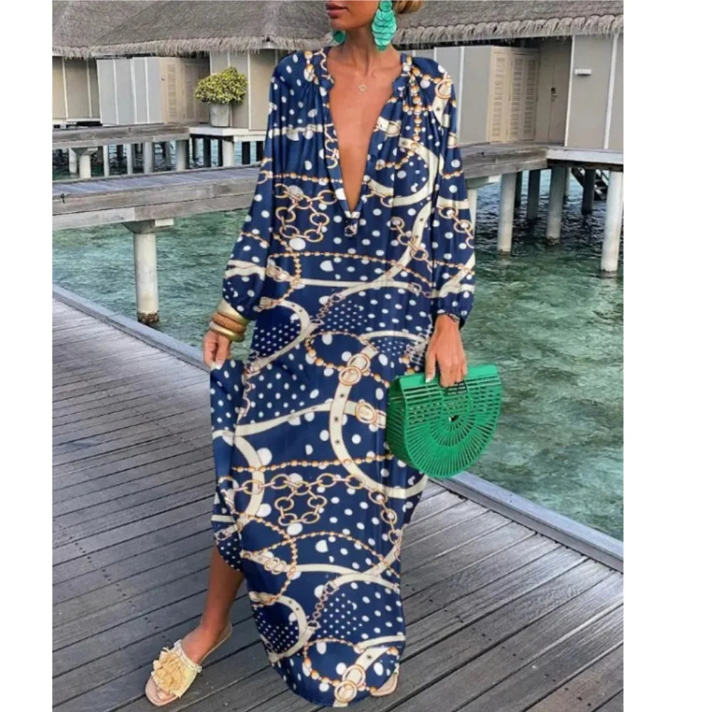 Elegant Women's Maxi Dresses 2024 Summer Casual Fashion Retro Print V Neck Loose Boho Long Vacation Beach Dress Female Robes New