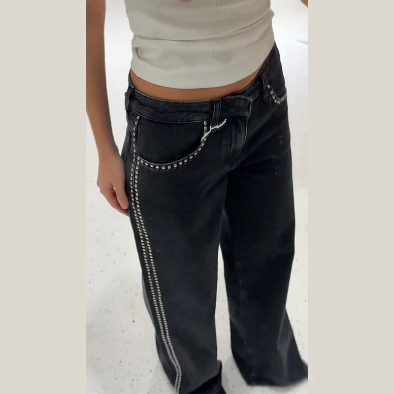 Street Women's Beaded Jeans Baggy Low Waist Pockets Zipper Female Denim Trousers 2025 Spring Summer Lady Y2k Chic Fashion Pants