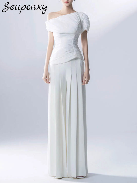 High Quality Summer New White Slim Set 2024 Sexy Short Sleeved Pleated Top+High Waisted Wide Leg Pants Party 2 Two-Piece Set