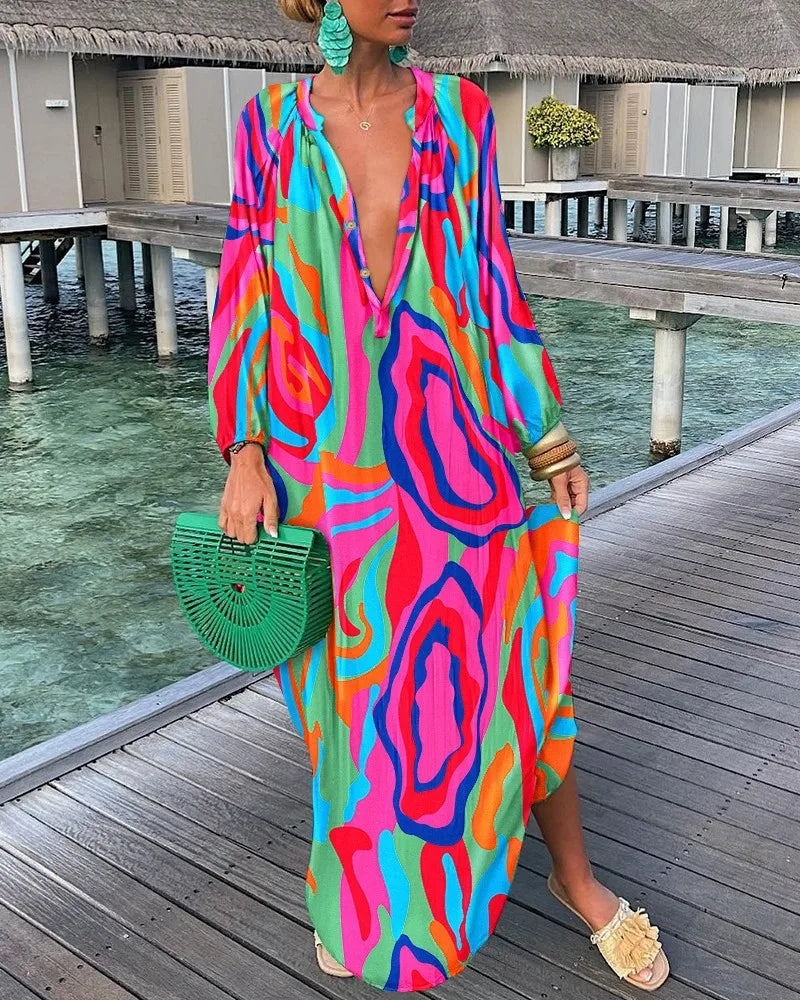 Elegant Women's Maxi Dresses 2024 Summer Casual Fashion Retro Print V Neck Loose Boho Long Vacation Beach Dress Female Robes New